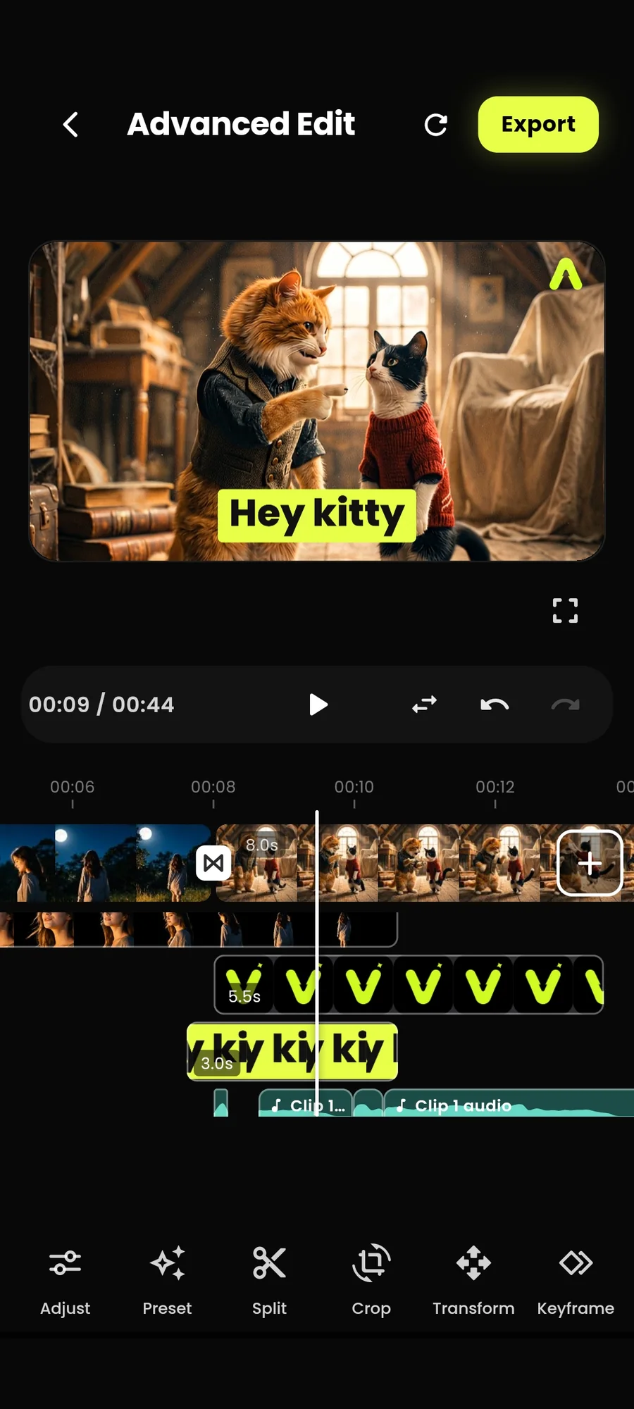 The editor with five tracks: a clip of two cats, a video layer, a logo layer, a caption reading Hey kitty and the sound